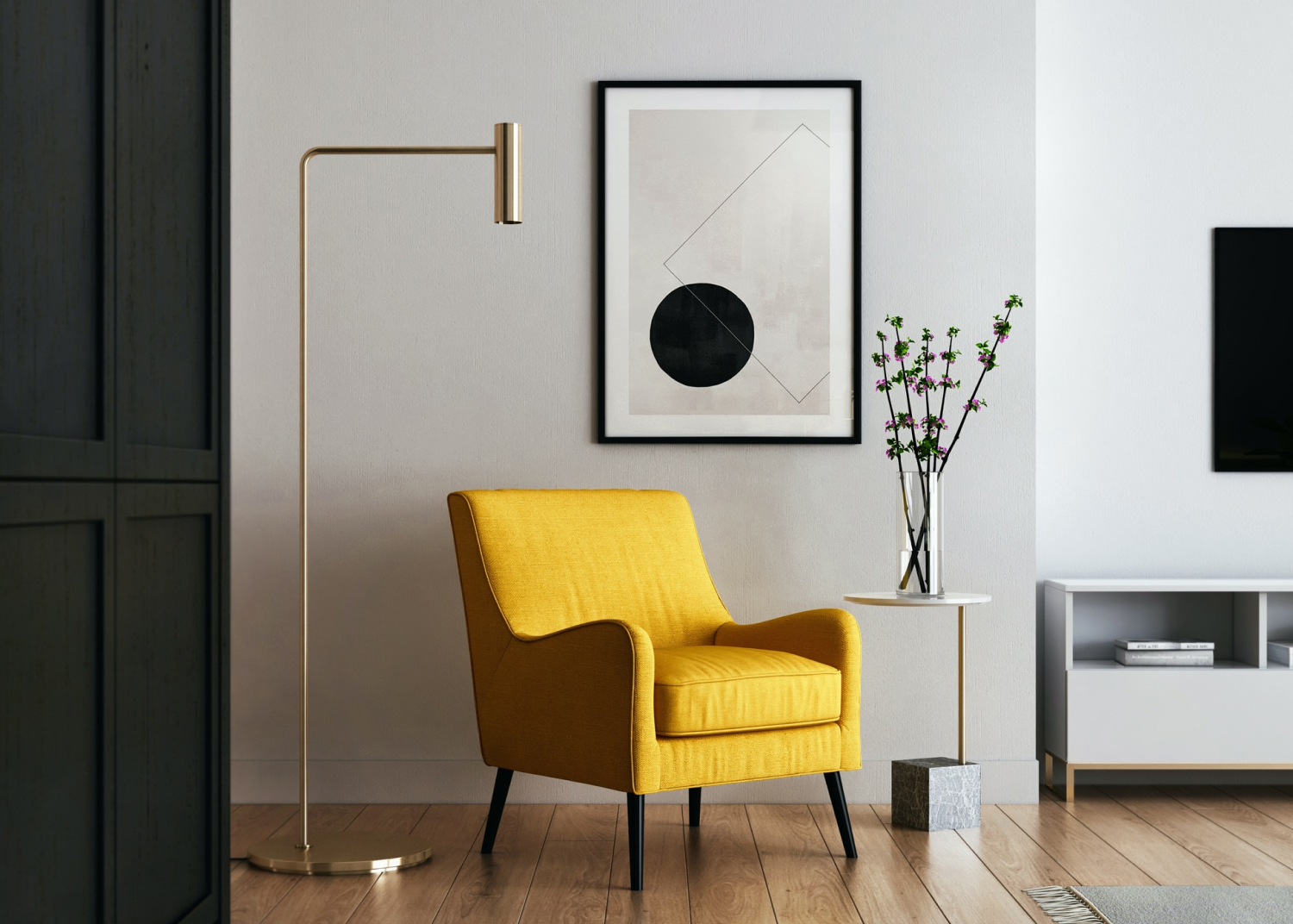 Bright interior with a yellow accent chair